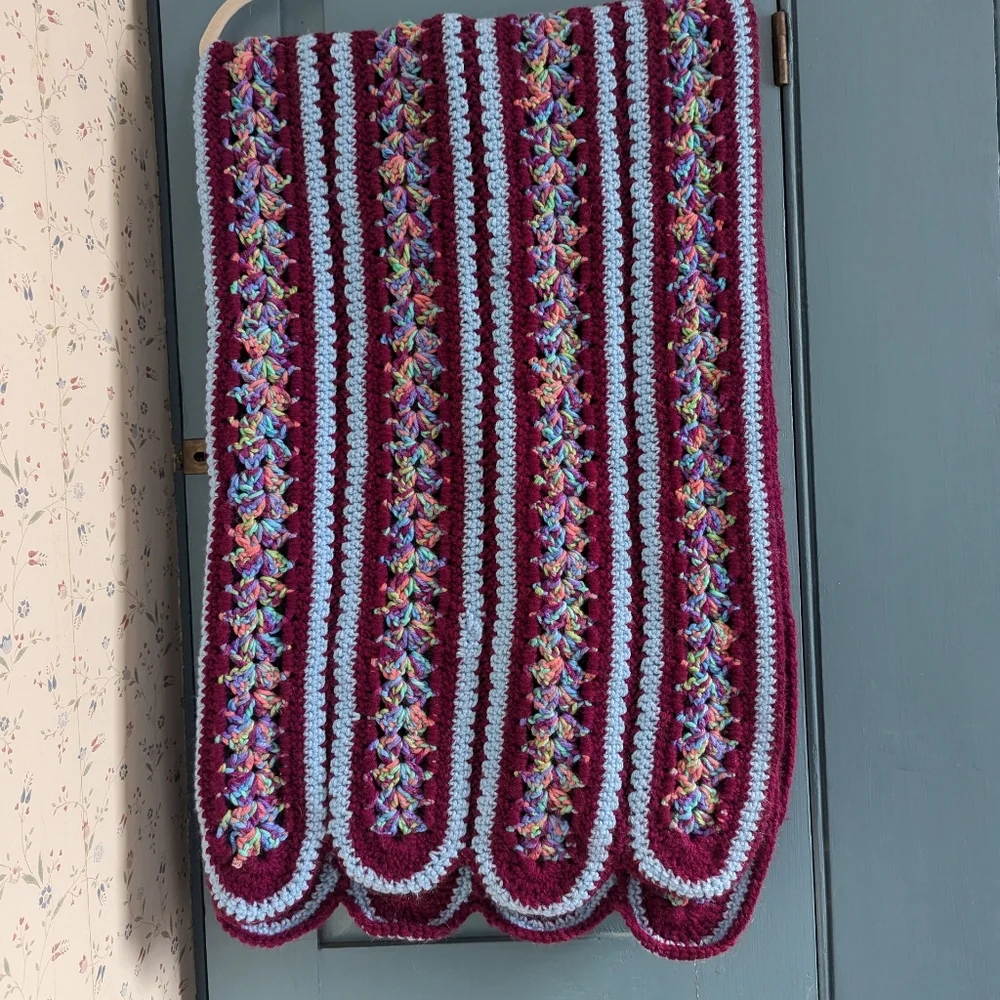 💙 Burgundy Afghan Hand Crochet Multicolor Couch Throw Blanket Rectangle
